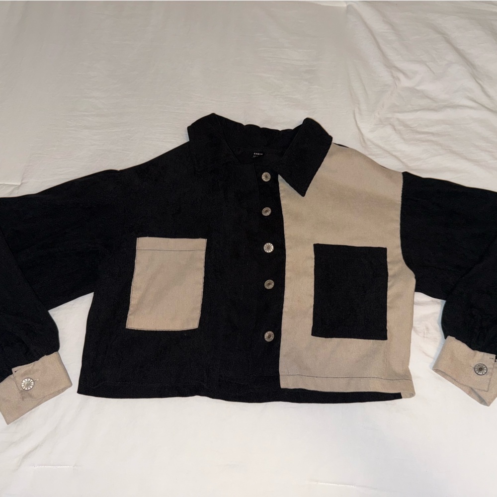 Two-Tone Black and Beige Button-Up Cardigan